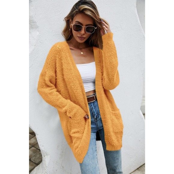 Open Front Openwork Fuzzy Cardigan with Pockets - Picture 10 of 11